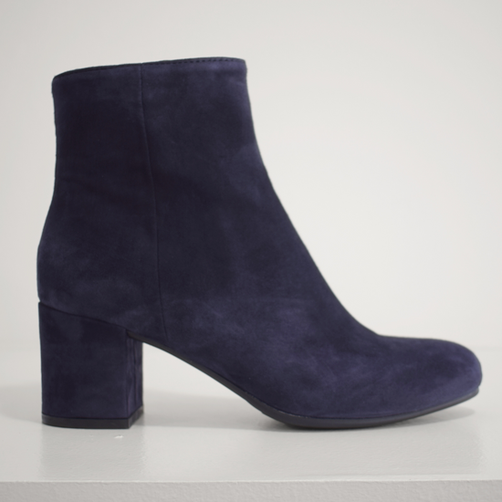 Navy suede block heel boots with side zip