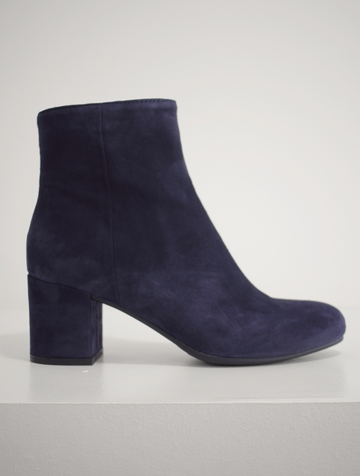 Navy suede block heel boots with side zip