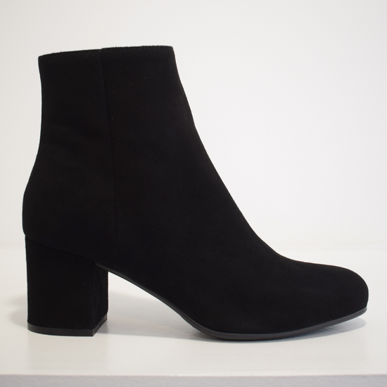 black suede ankle boot with side zip and almond toe