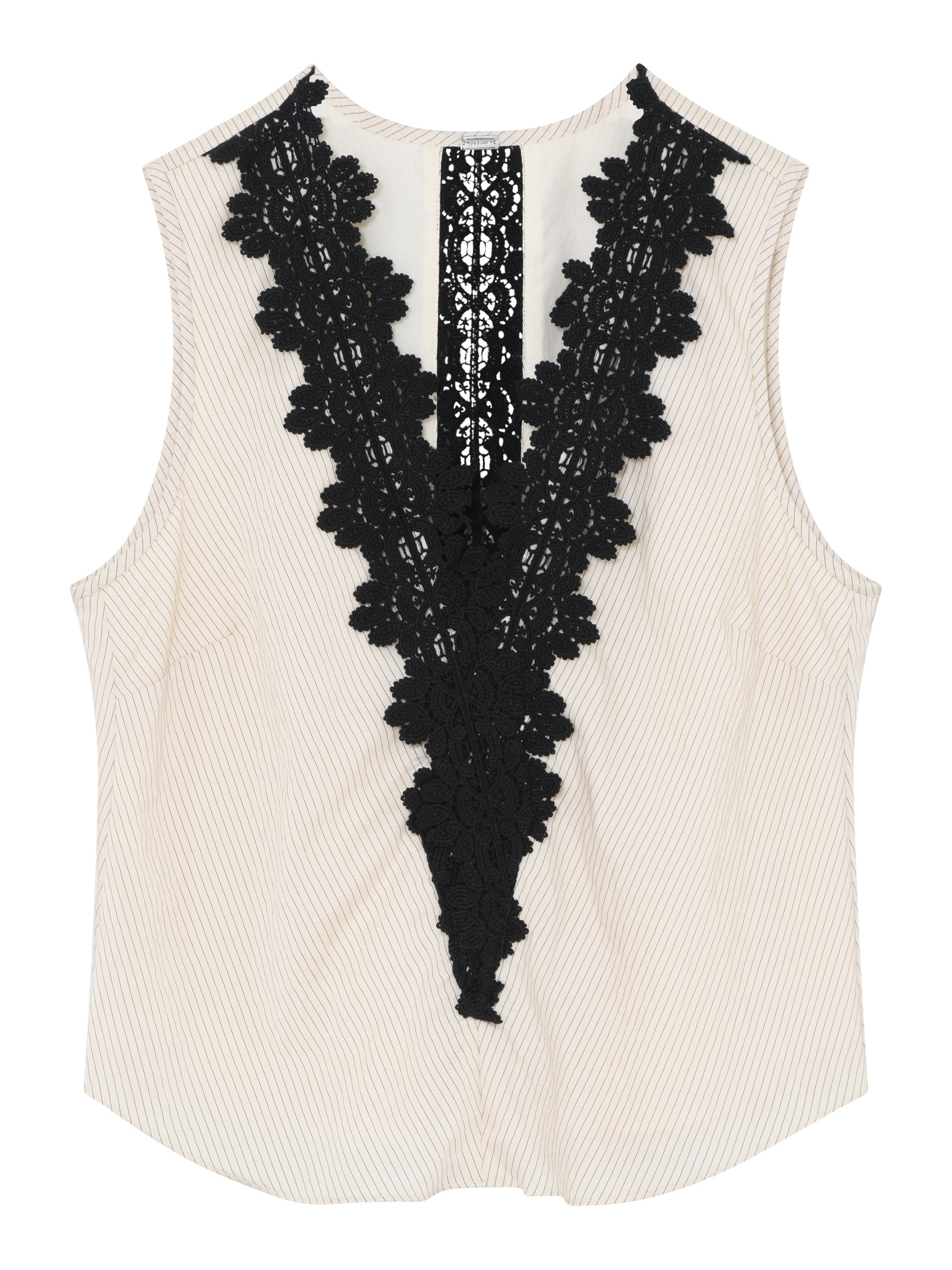 White sleeveless top with black lace detailing on a white background