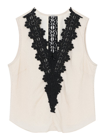 White sleeveless top with black lace detailing on a white background