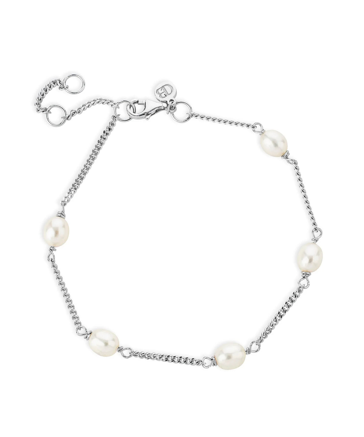 Sterling silver bracelet chain with five freshwater pearls evenly spaced throughtout the bracelet