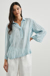 Stripe shirt with a half placket and 3/4 length sleeve and a classic collar