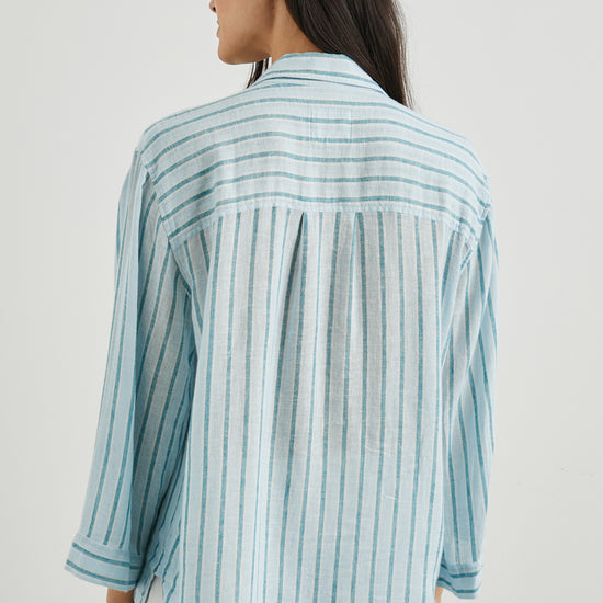 Stripe shirt with a half placket and 3/4 length sleeve and a classic collar rear view