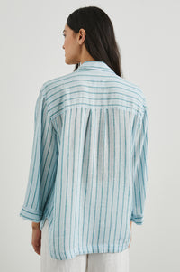 Stripe shirt with a half placket and 3/4 length sleeve and a classic collar rear view