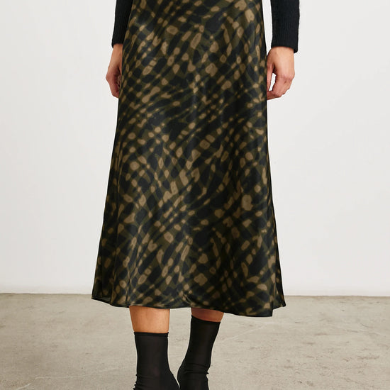 midi skirt with green pattern and elasticated waist