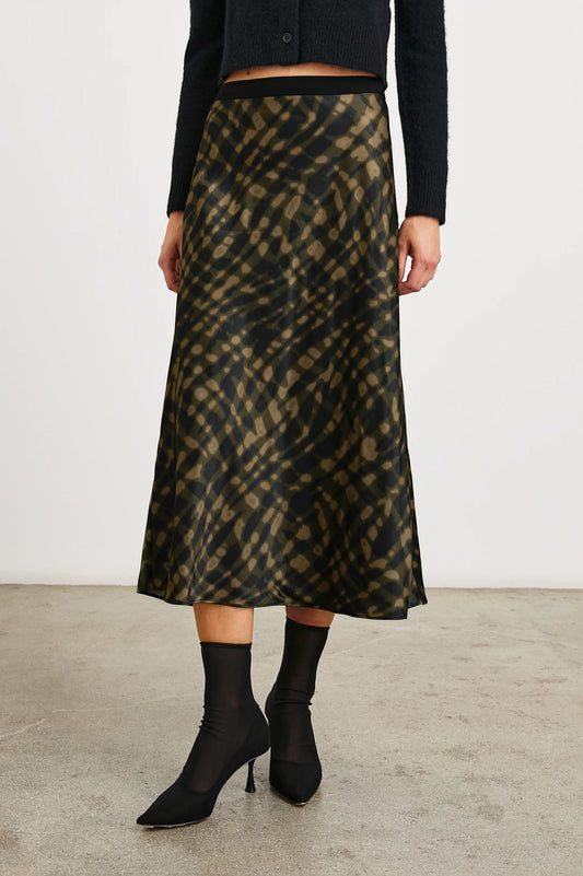 midi skirt with green pattern and elasticated waist