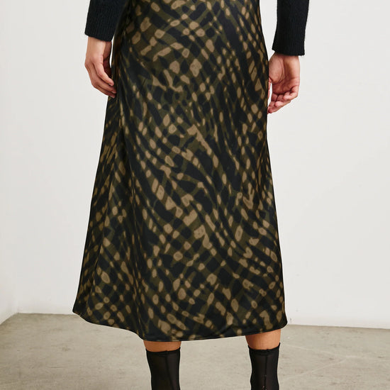 midi skirt with green pattern and elasticated waist rear view 