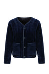 navy faux fur reversible round neck jacket with patch pockets, long sleeves, black buttons and interior dark navy faux suede with fur detailing