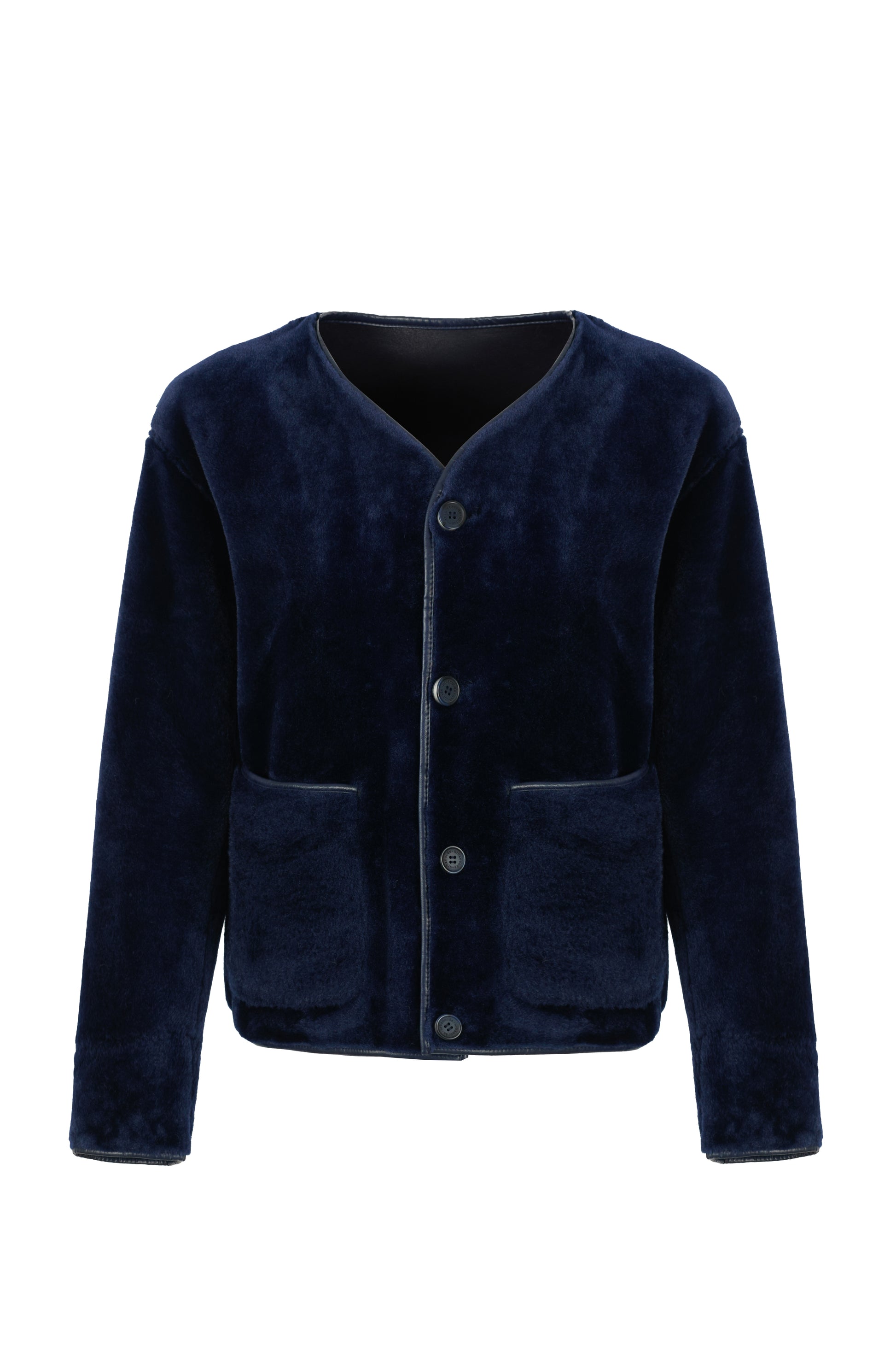 navy faux fur reversible round neck jacket with patch pockets, long sleeves, black buttons and interior dark navy faux suede with fur detailing