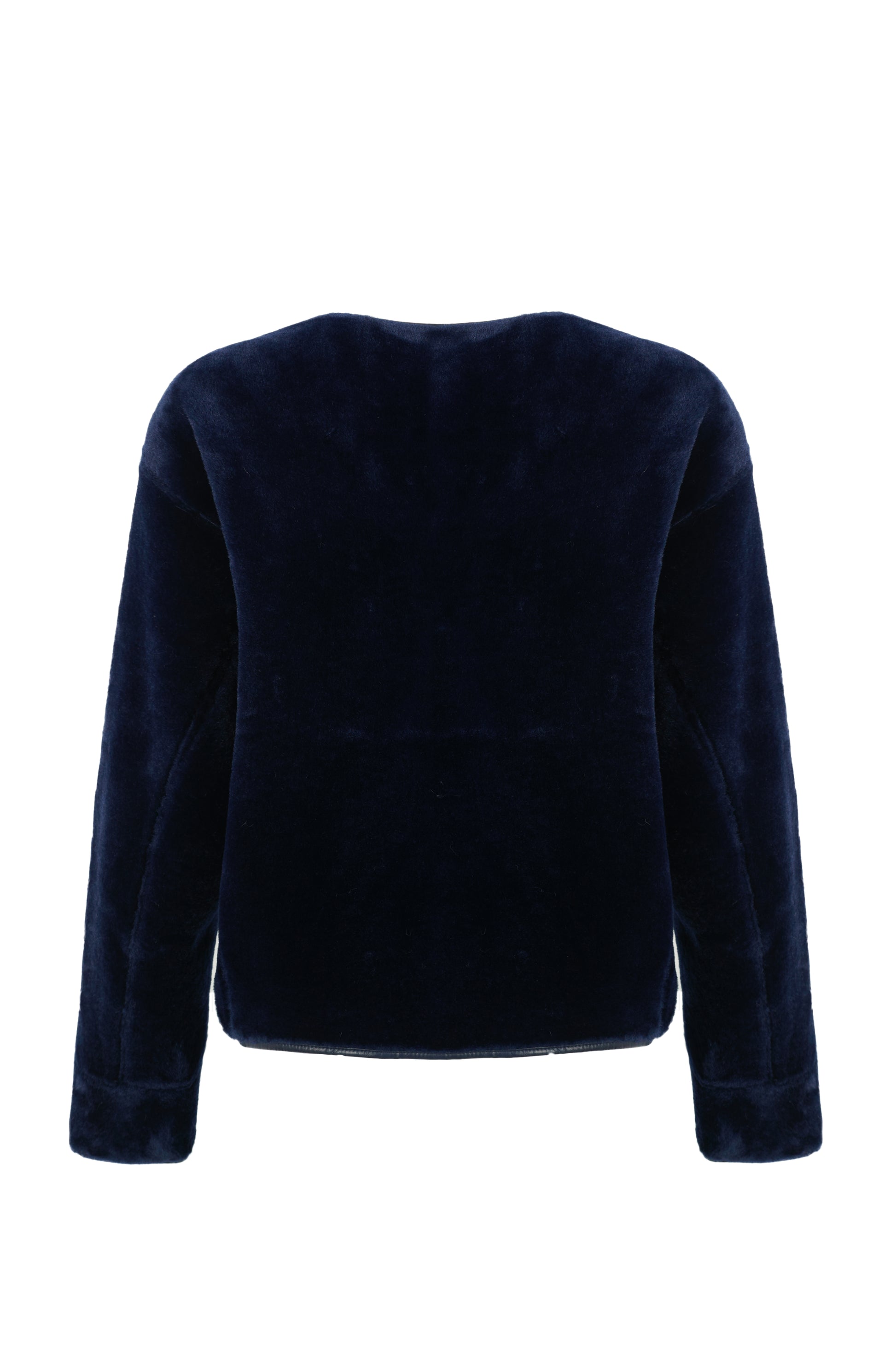 navy faux fur reversible round neck jacket with patch pockets, long sleeves, black buttons and interior dark navy faux suede with fur detailing rear view 