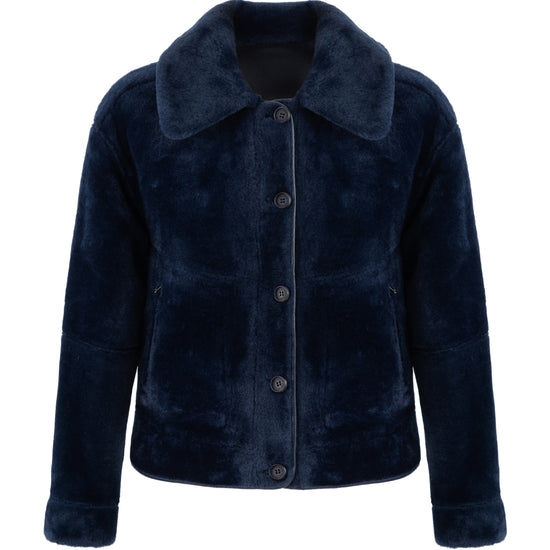 navy blue faux fur reversible short jacket with peter pan collar and side pockets