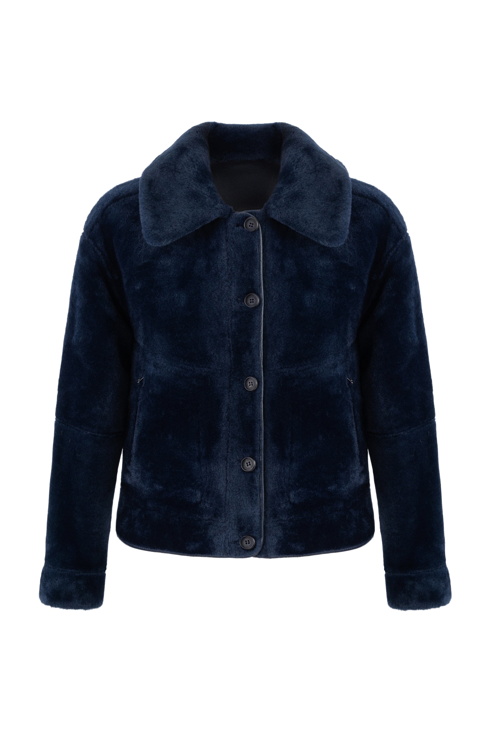 navy blue faux fur reversible short jacket with peter pan collar and side pockets