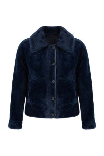 navy blue faux fur reversible short jacket with peter pan collar and side pockets