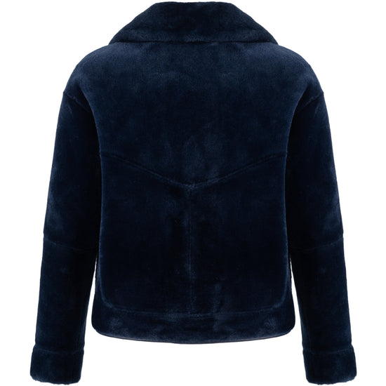 navy blue faux fur reversible short jacket with peter pan collar and side pockets rear view 