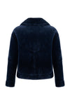 navy blue faux fur reversible short jacket with peter pan collar and side pockets rear view 