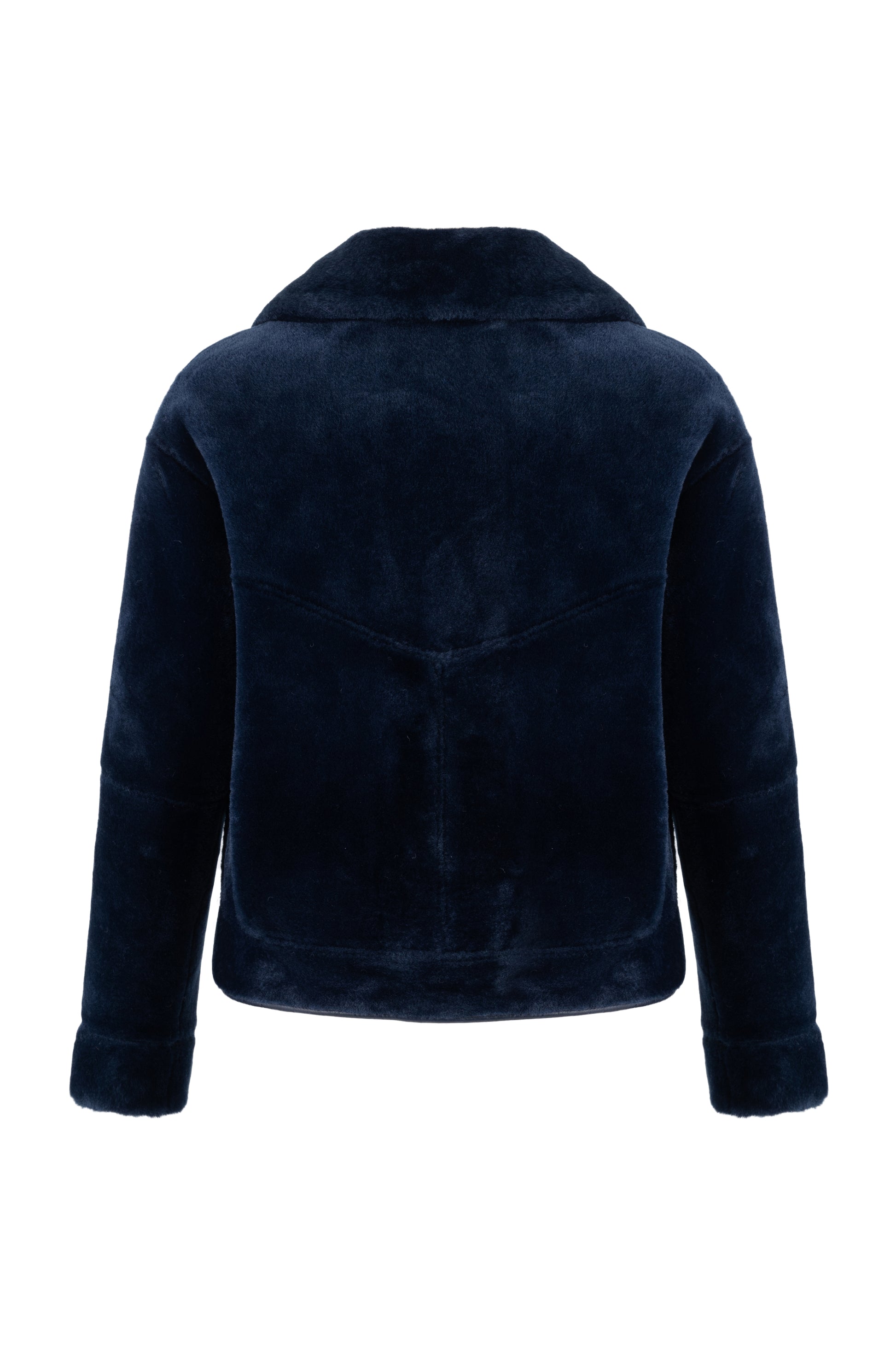 navy blue faux fur reversible short jacket with peter pan collar and side pockets rear view 