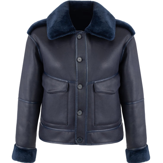 navy blue faux fur reversible short jacket with peter pan collar and side pockets interior