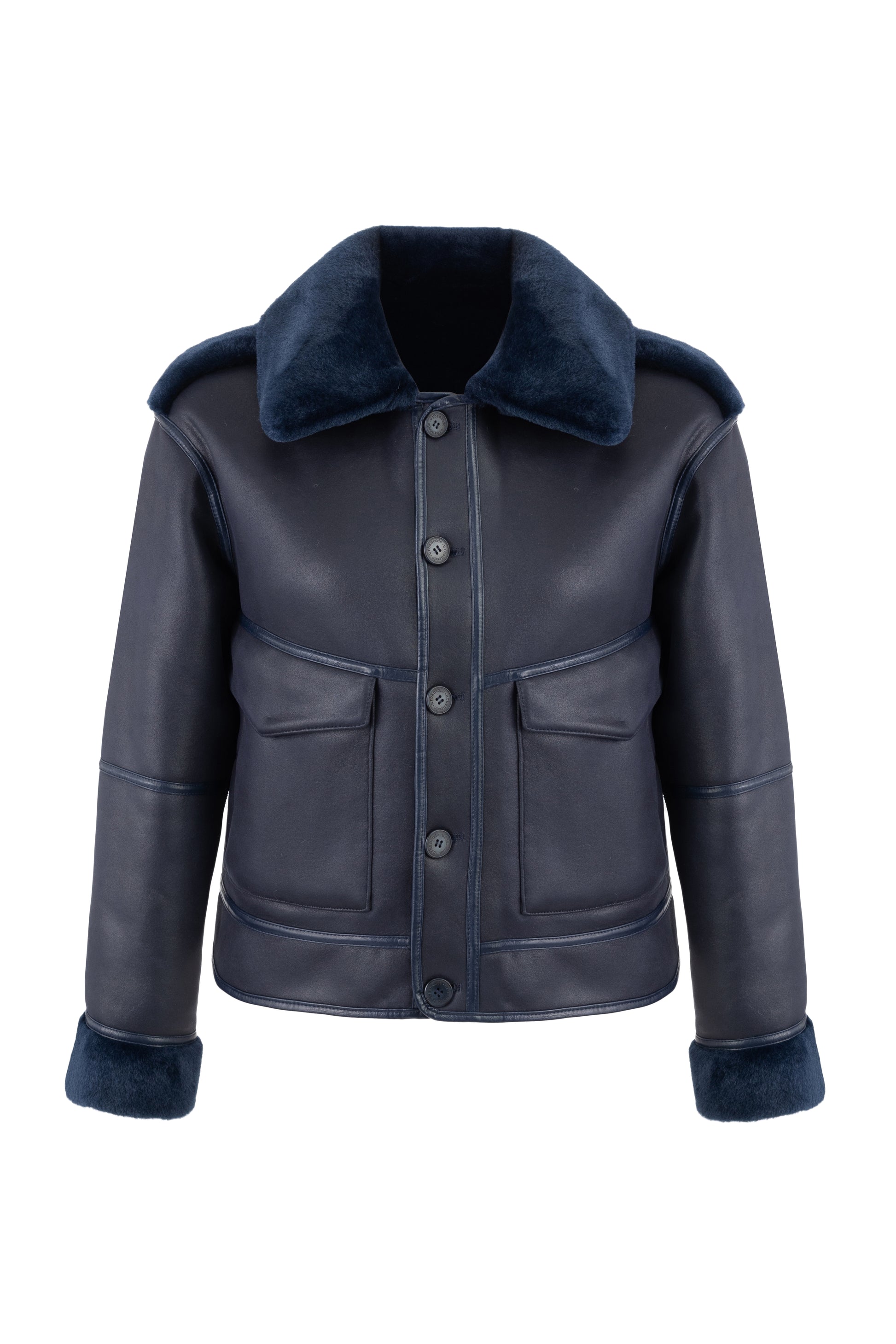 navy blue faux fur reversible short jacket with peter pan collar and side pockets interior