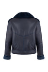 navy blue faux fur reversible short jacket with peter pan collar and side pockets rear view