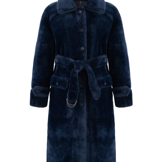 navy blue faux fur reversible coat with belt and mid length