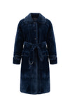 navy blue faux fur reversible coat with belt and mid length