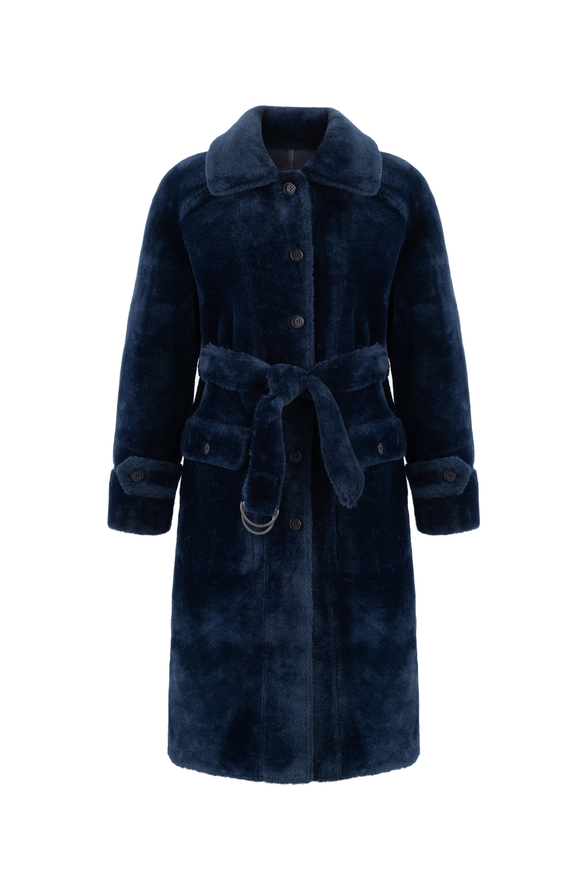 navy blue faux fur reversible coat with belt and mid length