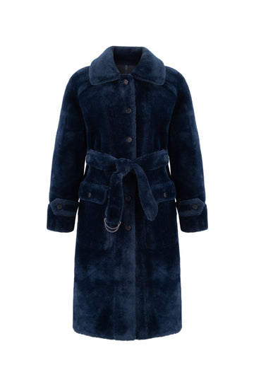 navy blue faux fur reversible coat with belt and mid length