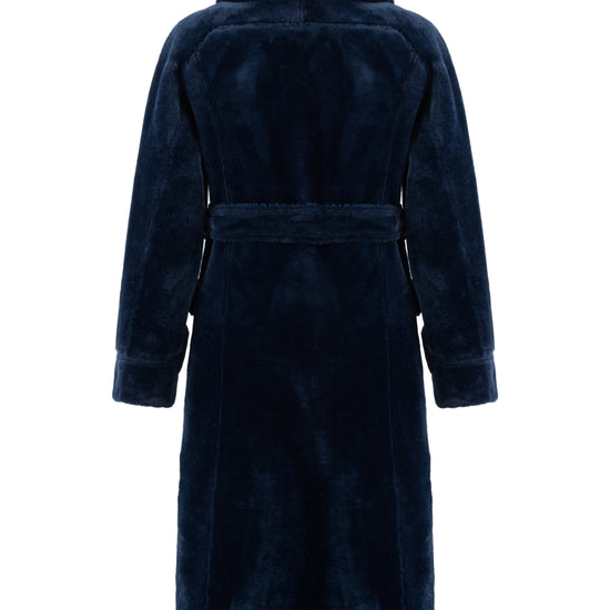 navy blue faux fur reversible coat with belt and mid length rear view
