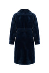 navy blue faux fur reversible coat with belt and mid length rear view