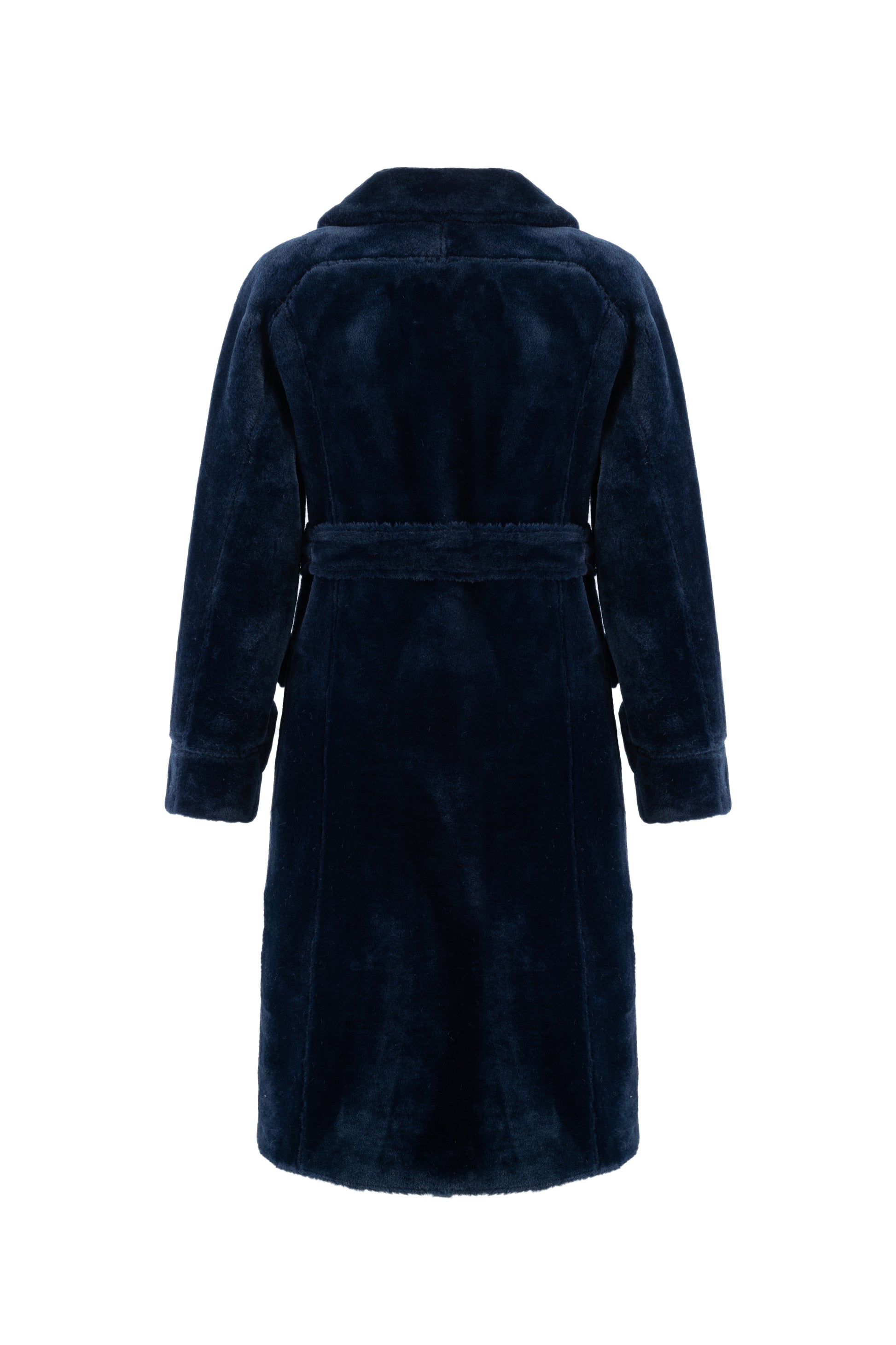 navy blue faux fur reversible coat with belt and mid length rear view