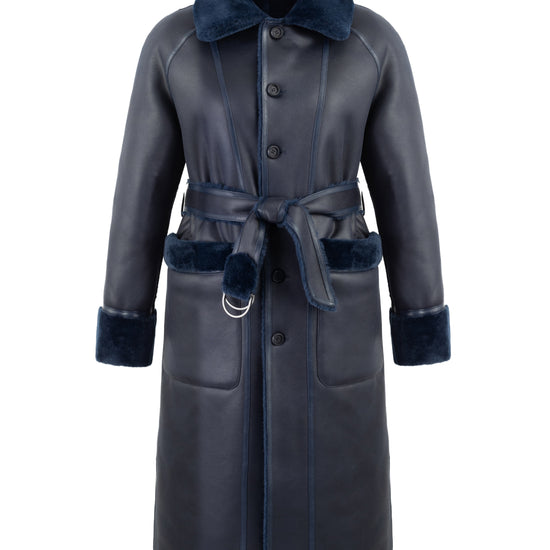 navy blue faux fur reversible coat with belt and mid length reverse side