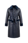 navy blue faux fur reversible coat with belt and mid length reverse side