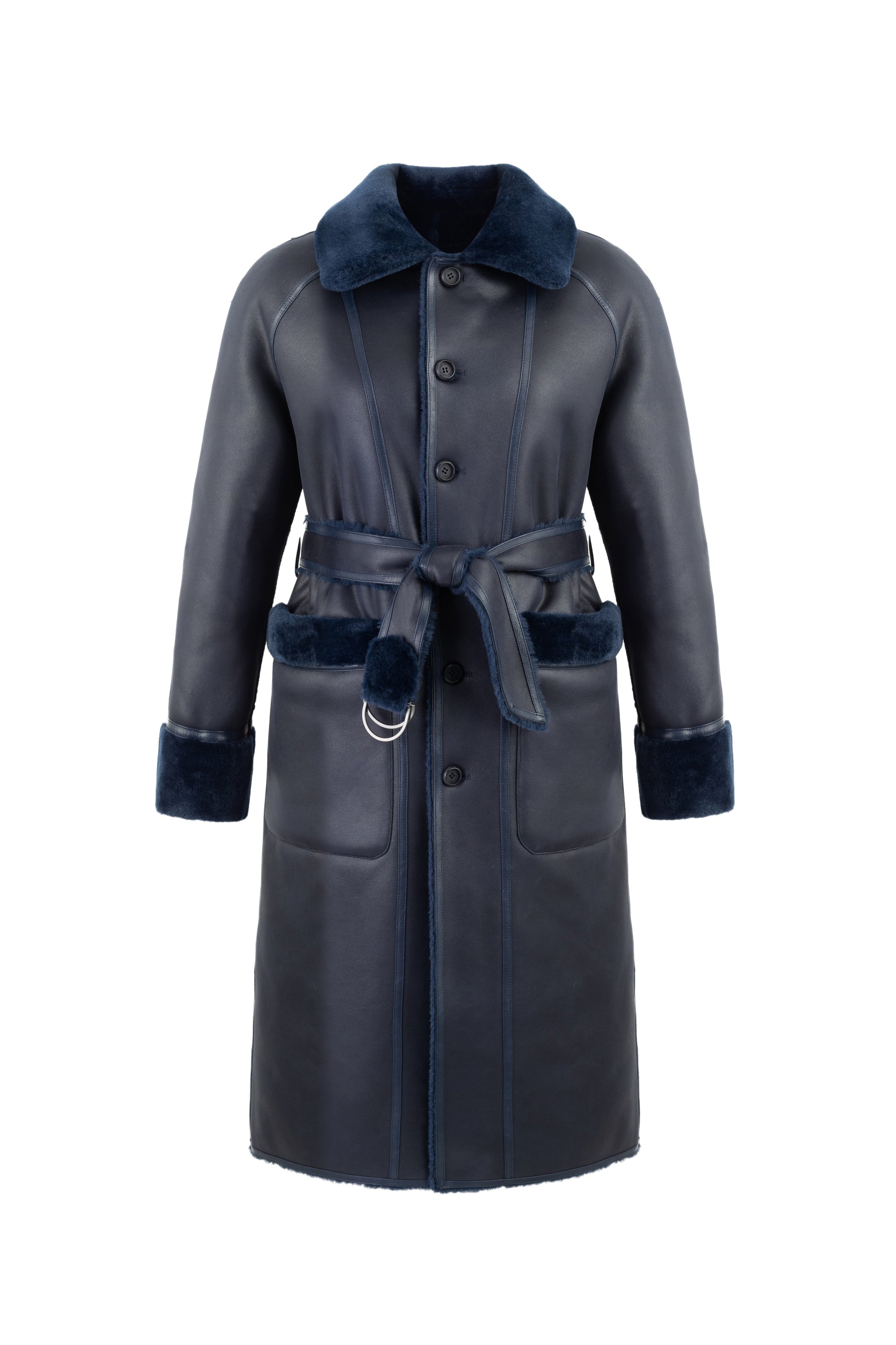 navy blue faux fur reversible coat with belt and mid length reverse side
