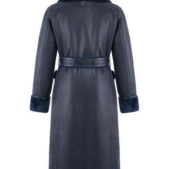 navy blue faux fur reversible coat with belt and mid length rear view