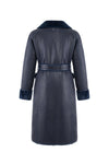 navy blue faux fur reversible coat with belt and mid length rear view