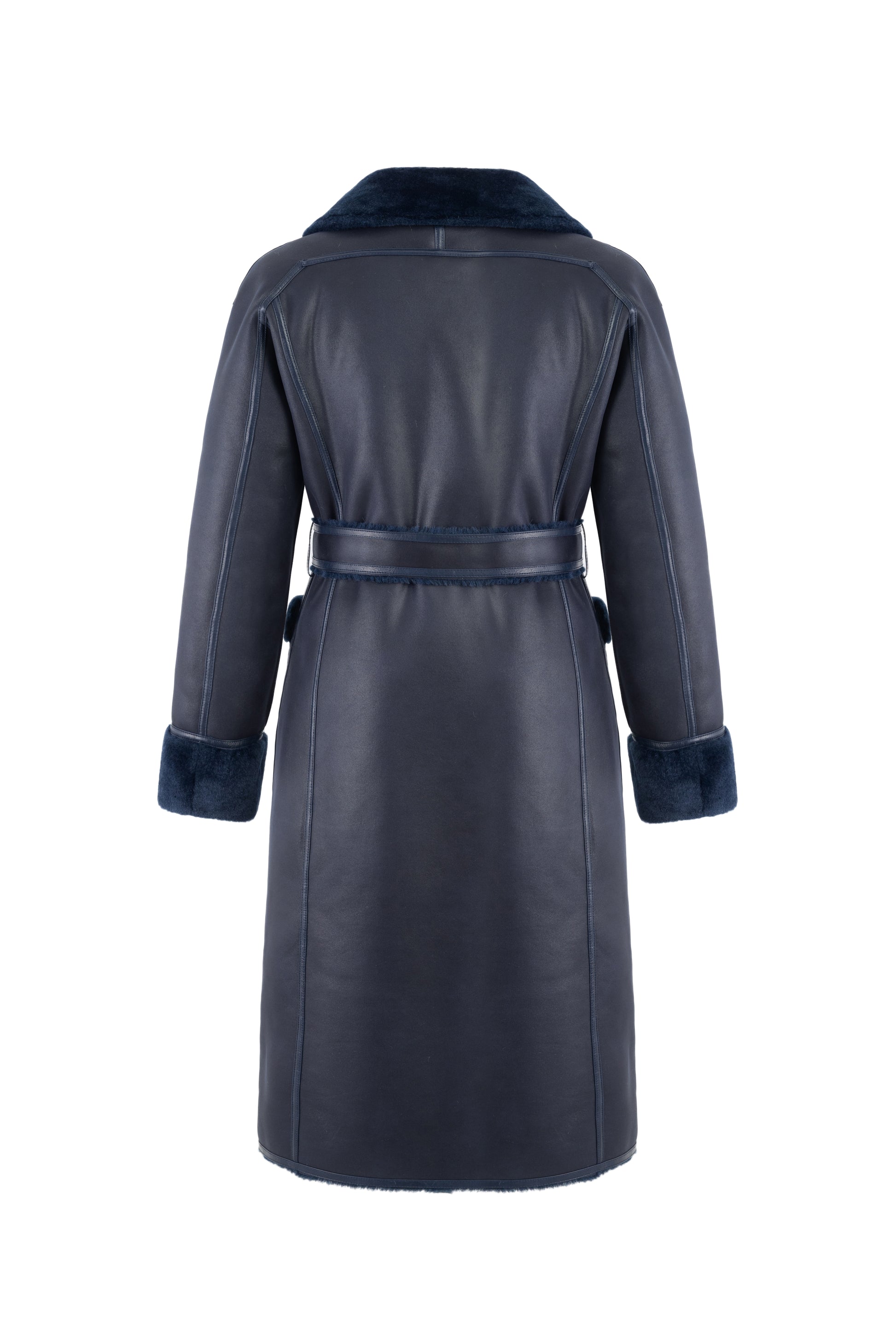 navy blue faux fur reversible coat with belt and mid length rear view
