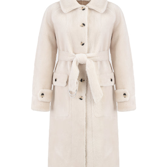 light beige faux fur mid coat with tie belt, button down and reversible