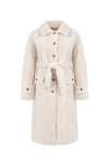 light beige faux fur mid coat with tie belt, button down and reversible