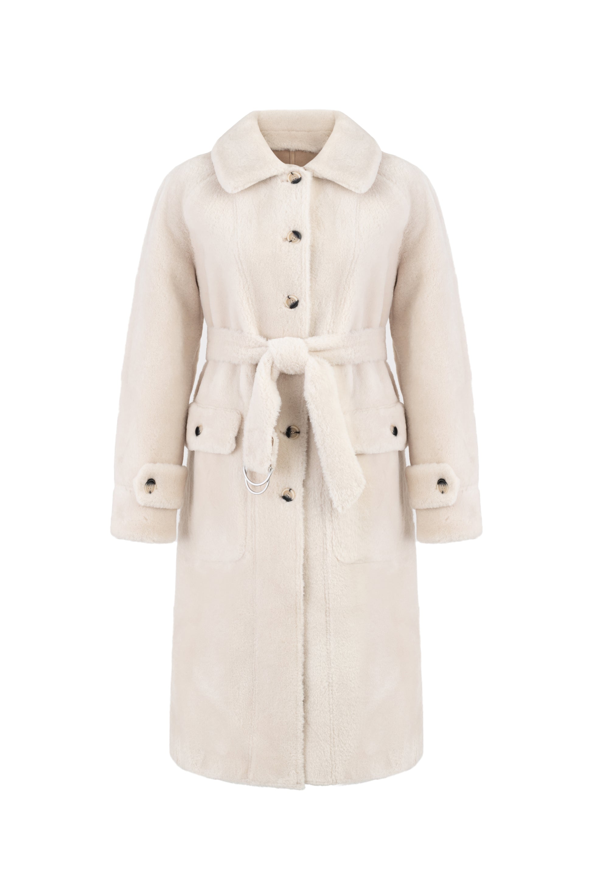 light beige faux fur mid coat with tie belt, button down and reversible