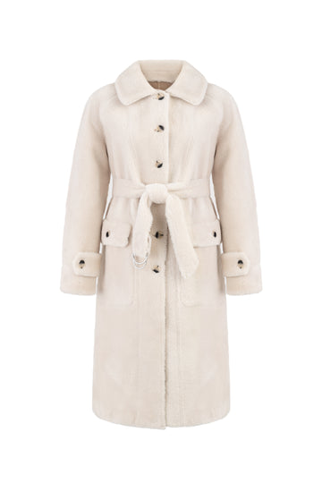 light beige faux fur mid coat with tie belt, button down and reversible