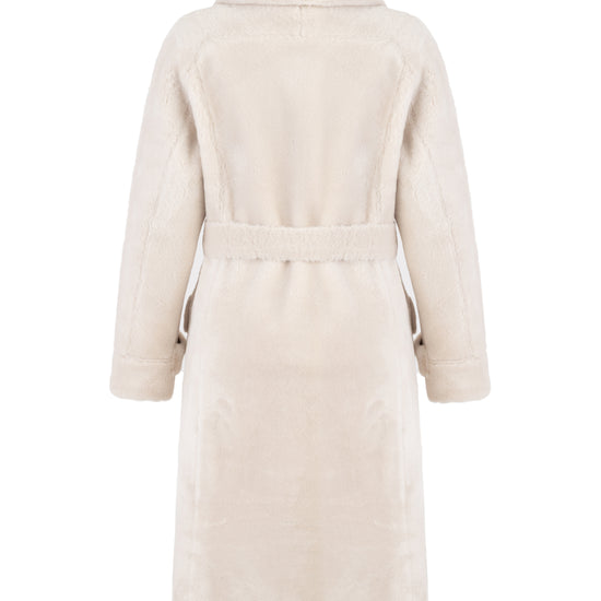 light beige faux fur mid coat with tie belt, button down and reversible rear view