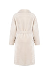 light beige faux fur mid coat with tie belt, button down and reversible rear view