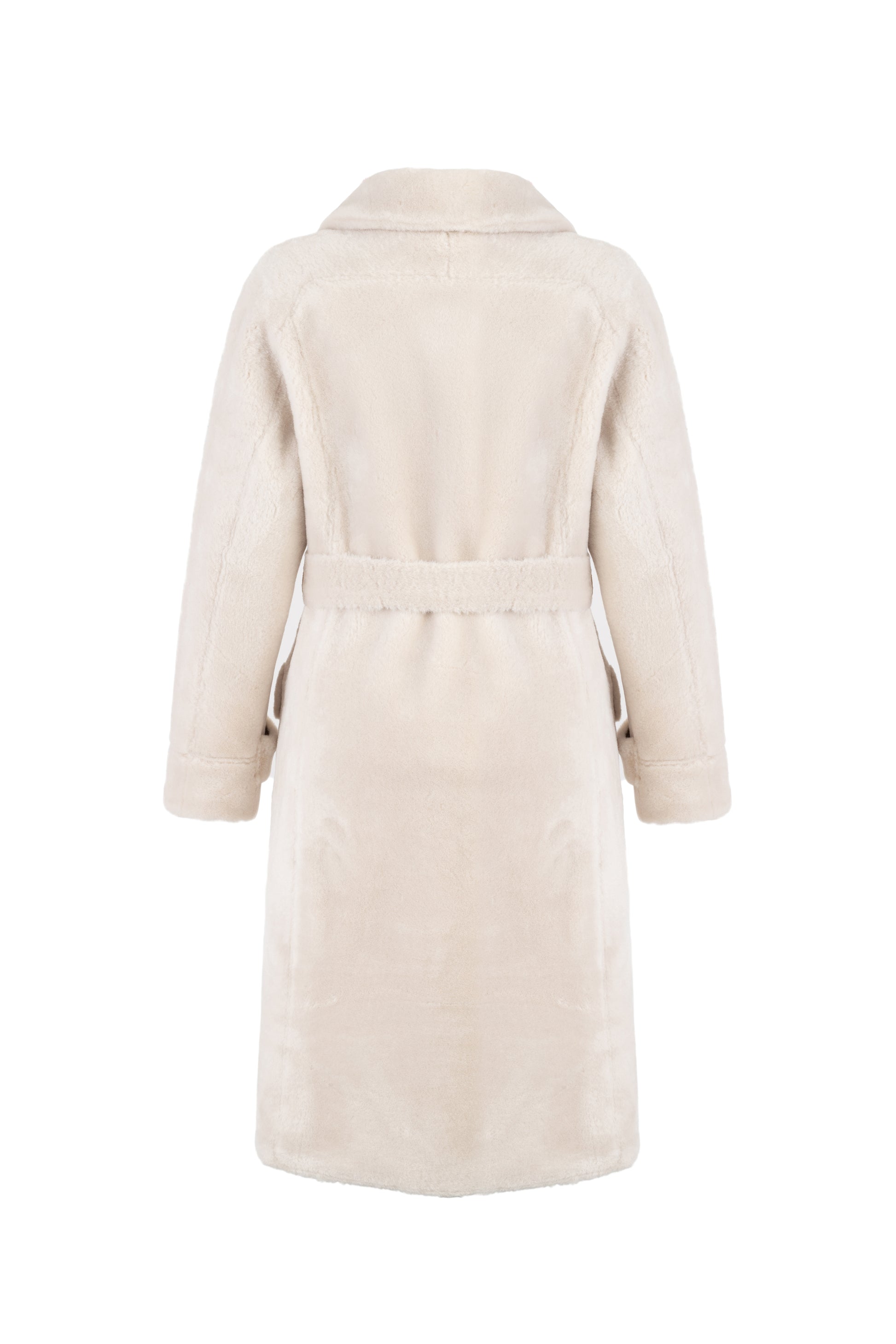 light beige faux fur mid coat with tie belt, button down and reversible rear view