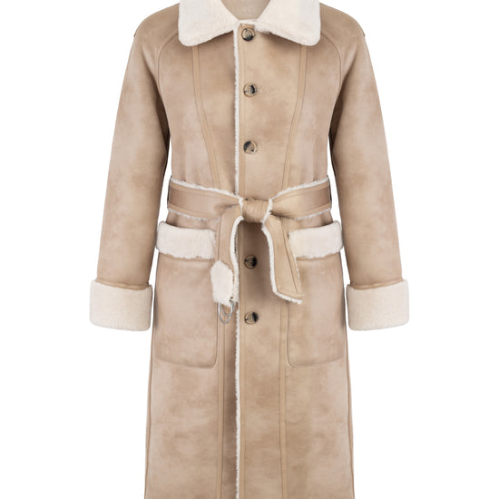 light beige faux fur mid coat with tie belt, button down and reversible interior shot