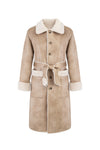 light beige faux fur mid coat with tie belt, button down and reversible interior shot