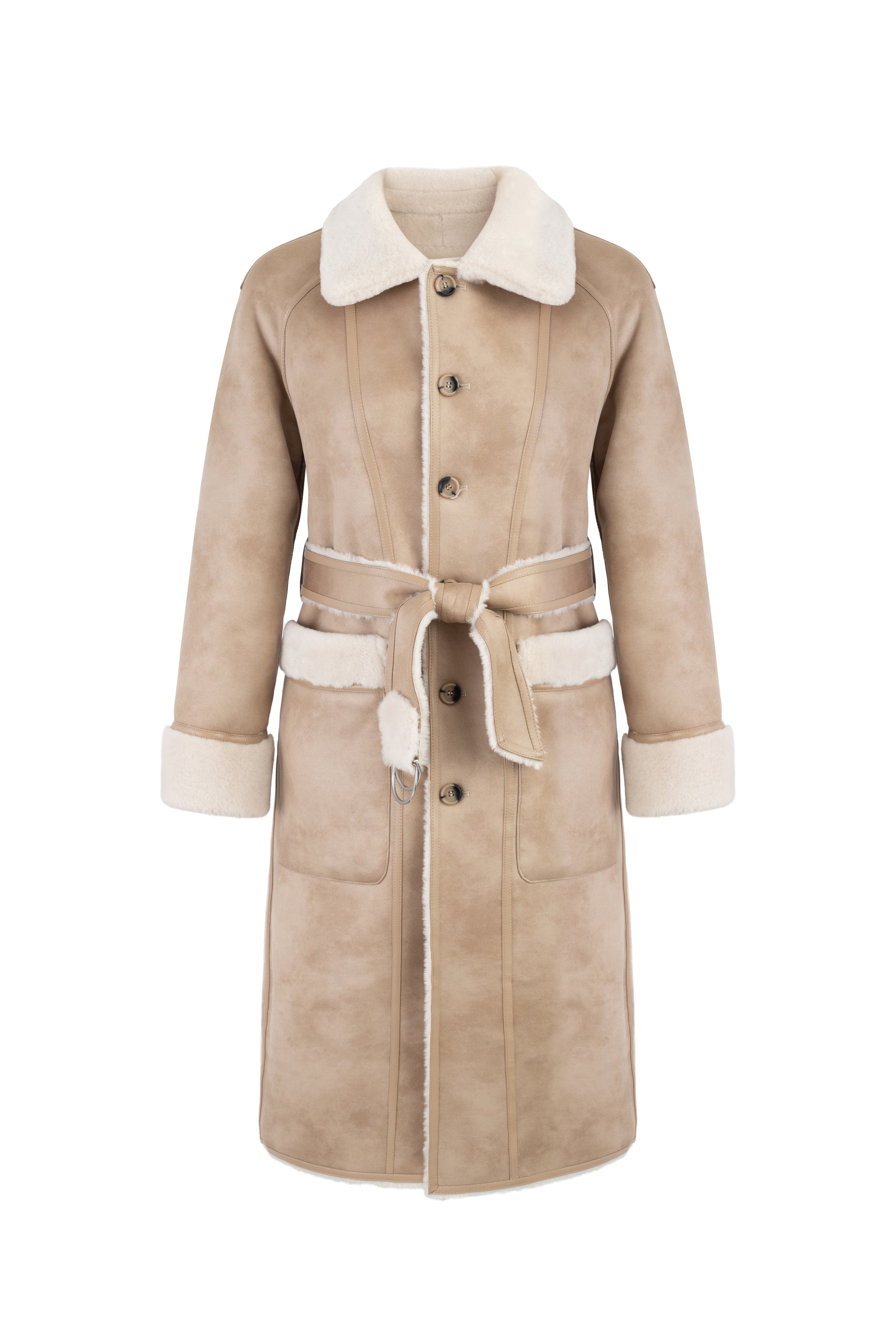 light beige faux fur mid coat with tie belt, button down and reversible interior shot