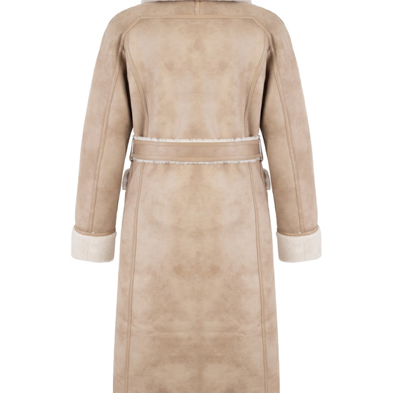 light beige faux fur mid coat with tie belt, button down and reversible rear view