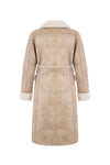 light beige faux fur mid coat with tie belt, button down and reversible rear view