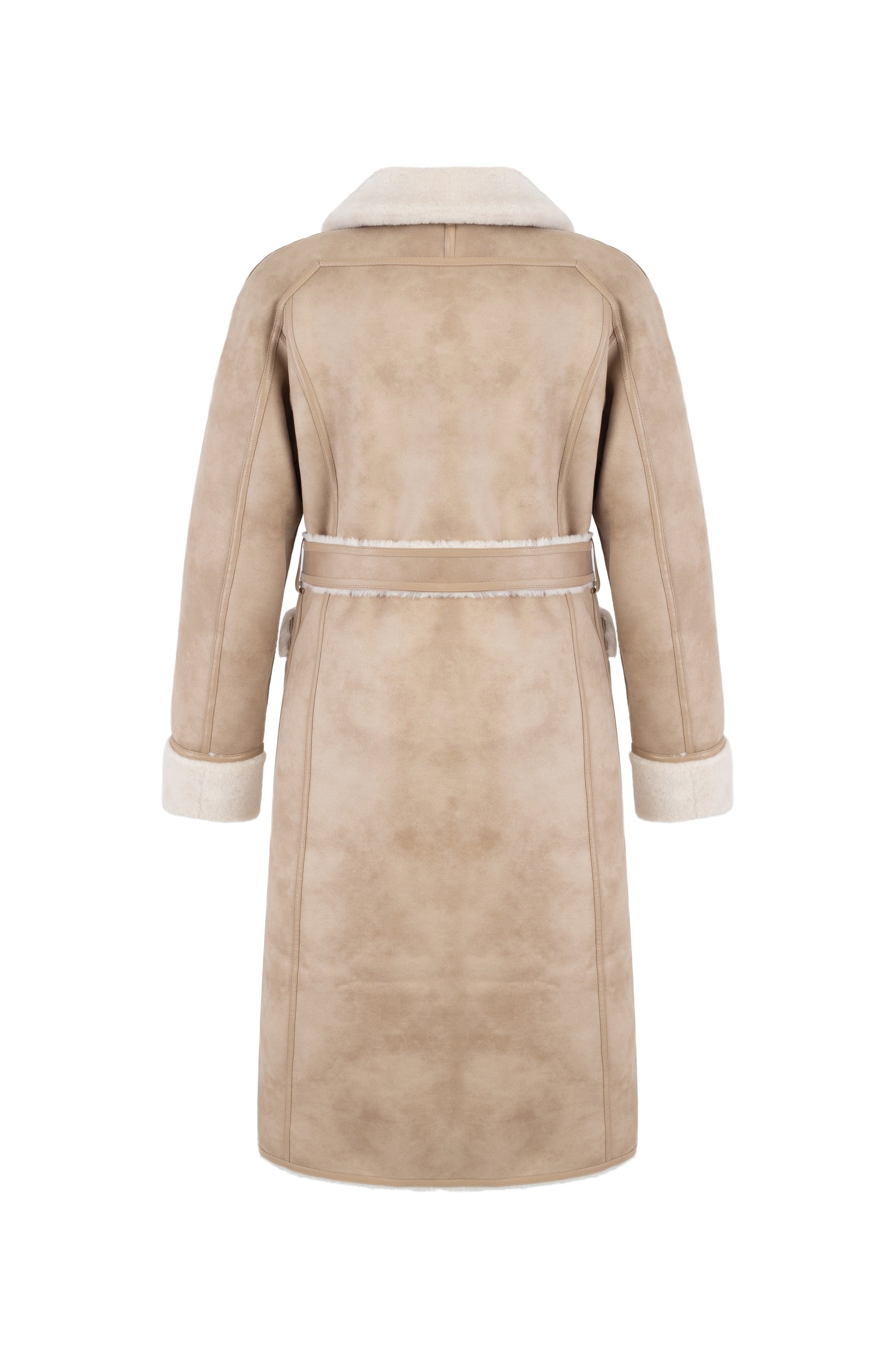 light beige faux fur mid coat with tie belt, button down and reversible rear view